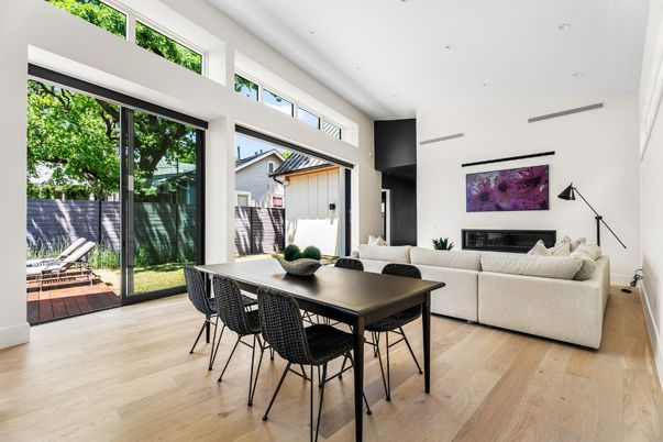 Dining room, Fireplace, Interior, Living room, Recessed Lighting, Wood Texture Flooring
