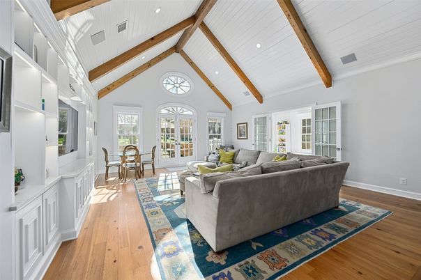Dining room, Interior, Living room, Recessed Lighting, Wooden Beams, Wood Texture Flooring