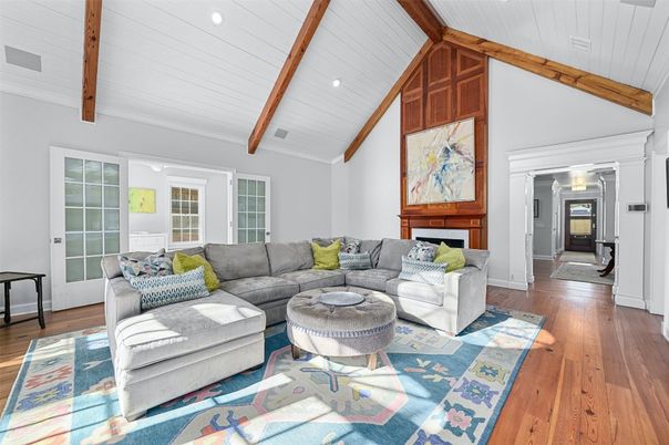Interior, Living room, Recessed Lighting, Wooden Beams, Wood Texture Flooring