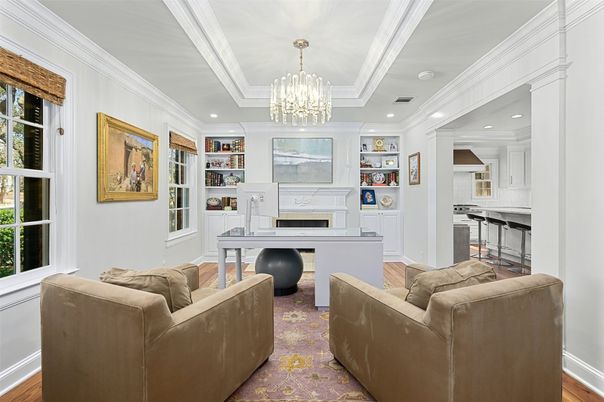 Chandelier, Fireplace, Home Office, Interior, Living room, Recessed Lighting, Wood Texture Flooring