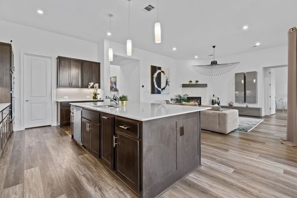 Fireplace, Interior, Kitchen, Living room, Pendant Lights, Recessed Lighting, Wood Texture Flooring