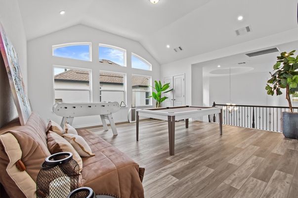 Billiard Table, Game Room, Interior, Pendant Lights, Recessed Lighting, Wood Texture Flooring
