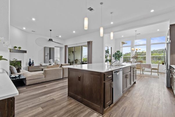 Dining room, Interior, Kitchen, Living room, Pendant Lights, Recessed Lighting, Stainless Steel Appliances, Wood Texture Flooring