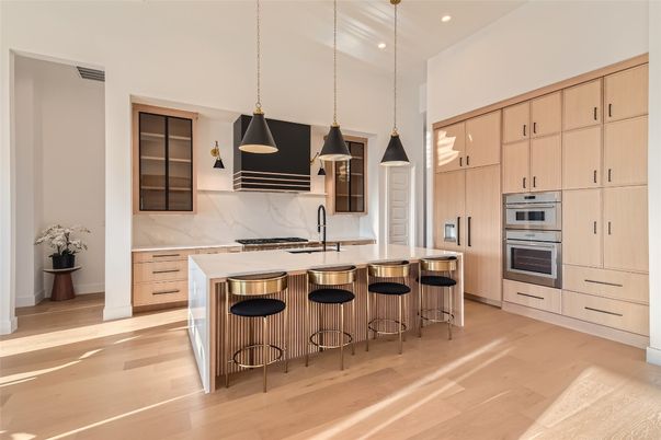 Interior, Kitchen, Marble Walls, Pendant Lights, Recessed Lighting, Stainless Steel Appliances, Wood Texture Flooring