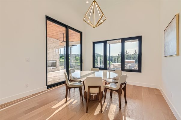 Dining room, Interior, Pendant Lights, Wood Texture Flooring