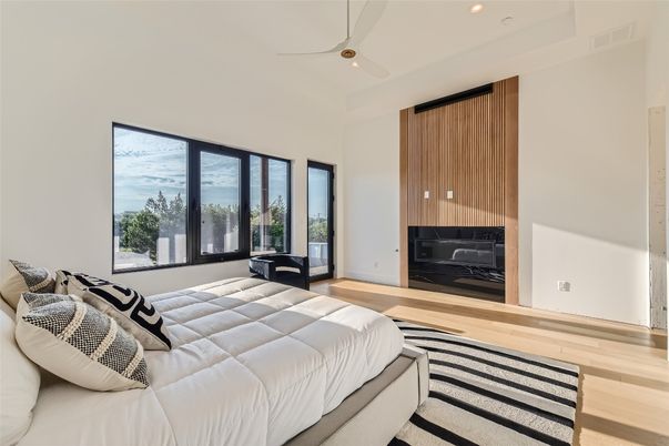 Bedroom, Fireplace, Interior, Recessed Lighting, Wood Texture Flooring