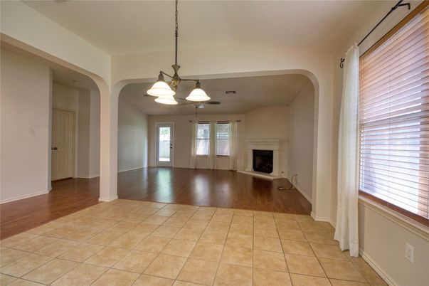 Empty room, Fireplace, Interior, Pendant Lights, Wood Texture Flooring