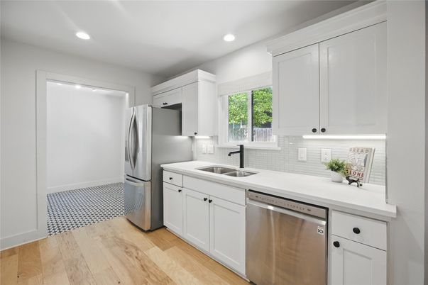 Interior, Kitchen, Recessed Lighting, Stainless Steel Appliances, Wood Texture Flooring