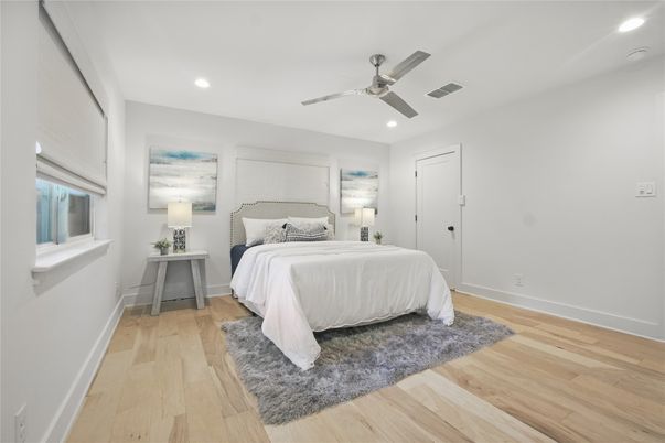 Bedroom, Interior, Recessed Lighting, Wood Texture Flooring