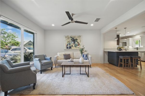 Interior, Kitchen, Living room, Pendant Lights, Recessed Lighting, Wood Texture Flooring