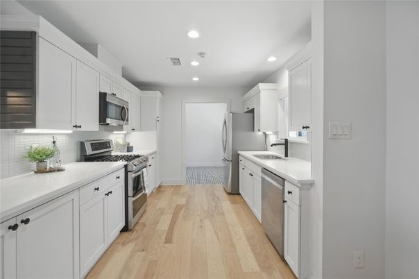 Interior, Kitchen, Recessed Lighting, Stainless Steel Appliances, Wood Texture Flooring