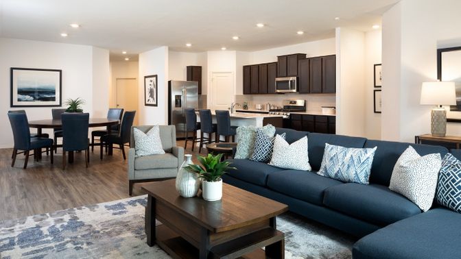 Dining room, Interior, Kitchen, Living room, Recessed Lighting, Stainless Steel Appliances, Wood Texture Flooring