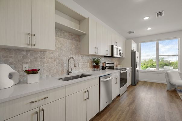 Interior, Kitchen, Recessed Lighting, Stainless Steel Appliances, Wood Texture Flooring