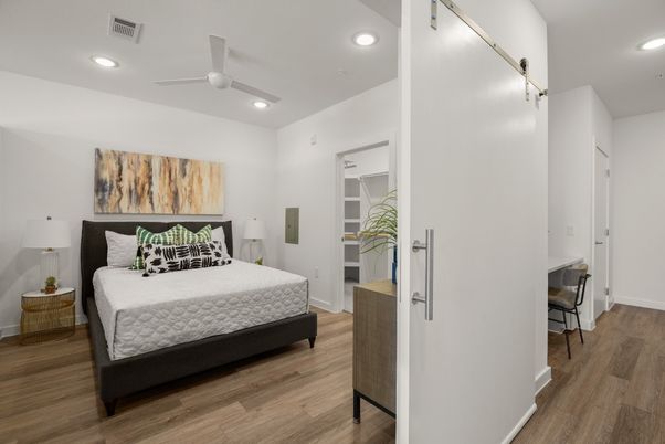 Bedroom, Interior, Recessed Lighting, Wood Texture Flooring
