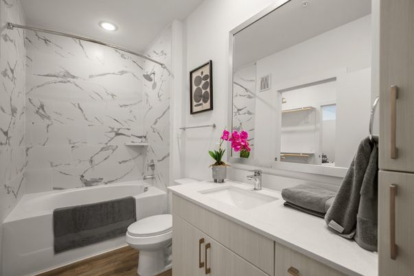Bathroom, Interior, Marble Walls, Recessed Lighting, Wood Texture Flooring