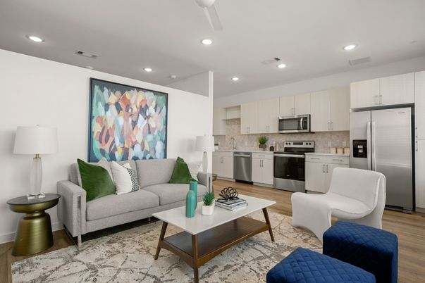 Interior, Kitchen, Living room, Recessed Lighting, Stainless Steel Appliances, Wood Texture Flooring