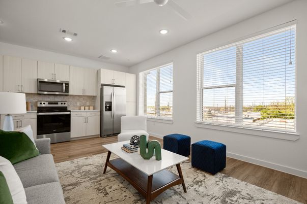Interior, Kitchen, Living room, Recessed Lighting, Stainless Steel Appliances, Wood Texture Flooring