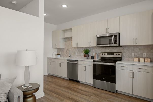 Interior, Kitchen, Recessed Lighting, Stainless Steel Appliances, Wood Texture Flooring