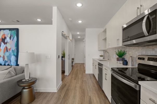 Interior, Kitchen, Recessed Lighting, Stainless Steel Appliances, Wood Texture Flooring