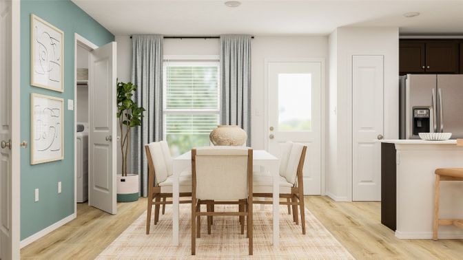 Dining room, Interior, Kitchen, Recessed Lighting, Wood Texture Flooring