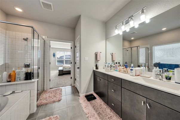 Bathroom, Dual Sink Vanities, Glass Shower, Interior, Recessed Lighting