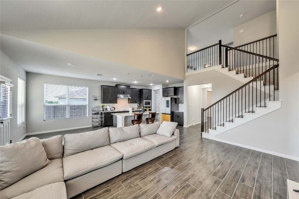 Interior, Kitchen, Living room, Recessed Lighting, Stainless Steel Appliances, Wood Texture Flooring