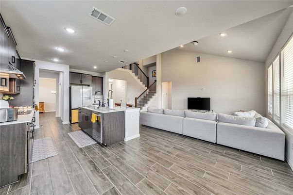 Interior, Kitchen, Living room, Recessed Lighting, Wood Texture Flooring