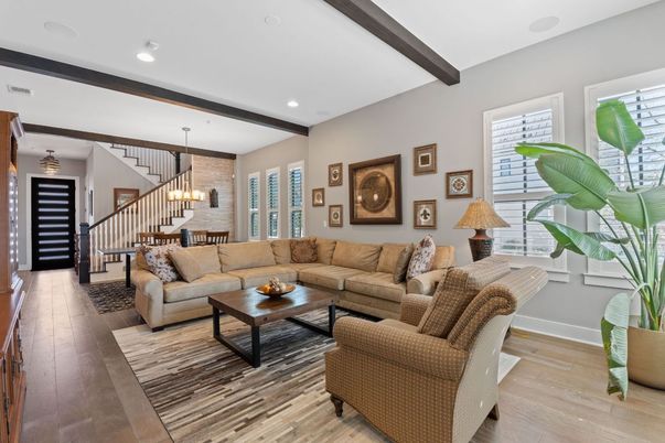 Chandelier, Dining room, Interior, Living room, Pendant Lights, Recessed Lighting, Wooden Beams, Wood Texture Flooring