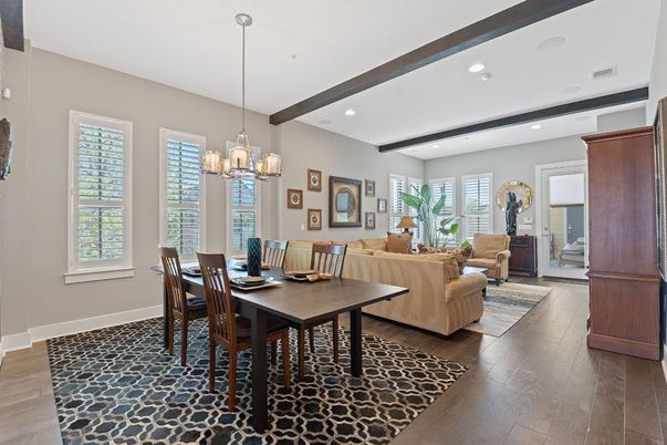 Chandelier, Dining room, Interior, Living room, Pendant Lights, Recessed Lighting, Wooden Beams, Wood Texture Flooring