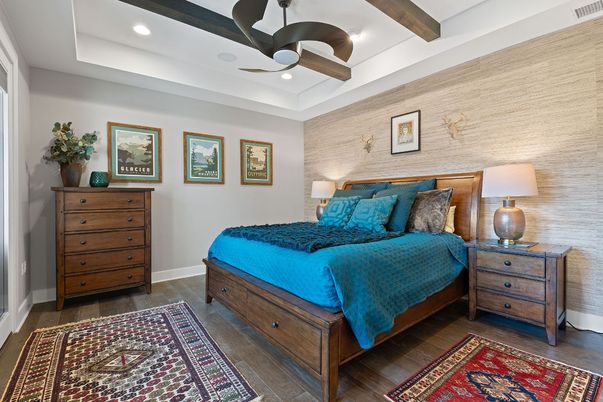Bedroom, Interior, Recessed Lighting, Wooden Beams, Wood Texture Flooring