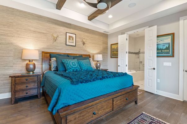 Bedroom, Interior, Recessed Lighting, Wooden Beams, Wood Texture Flooring