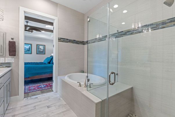 Bathroom, Bedroom, Glass Shower, Interior, Recessed Lighting, Wood Texture Flooring