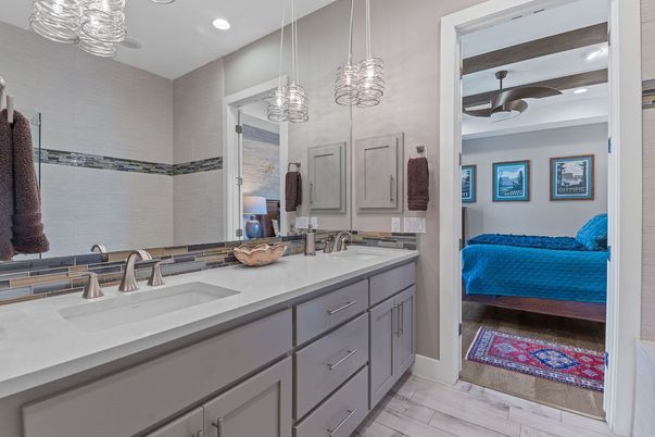 Bathroom, Bedroom, Dual Sink Vanities, Interior, Pendant Lights, Recessed Lighting, Wood Texture Flooring