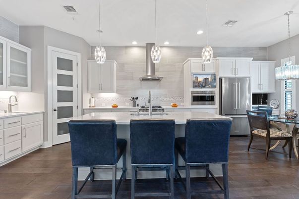Dining room, Interior, Kitchen, Pendant Lights, Recessed Lighting, Stainless Steel Appliances, Wood Texture Flooring