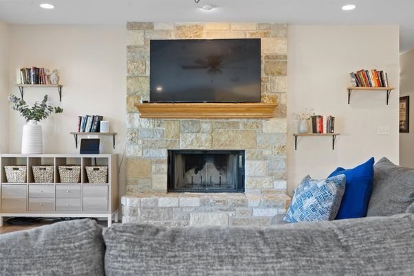 Fireplace, Interior, Living room, Recessed Lighting, Stone Walls