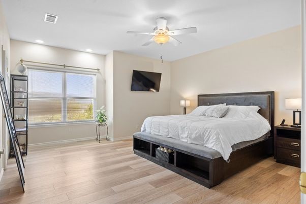 Bedroom, Interior, Recessed Lighting, Wood Texture Flooring