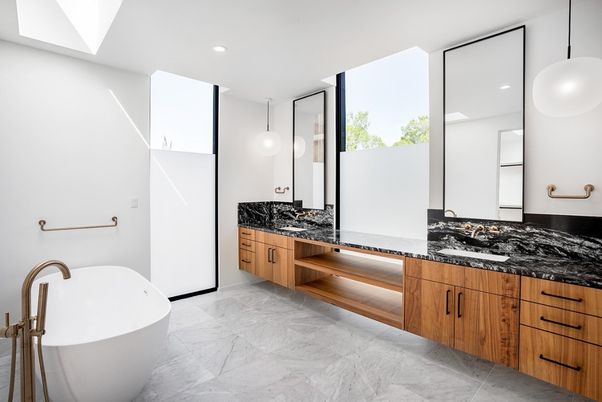 Bathroom, Dual Sink Vanities, Free Standing Baths, Interior, Marble, Pendant Lights, Recessed Lighting