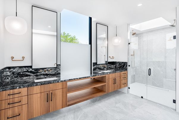 Bathroom, Glass Shower, Interior, Marble, Marble Walls, Pendant Lights, Recessed Lighting