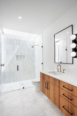 Bathroom, Dual Sink Vanities, Glass Shower, Interior, Marble, Recessed Lighting
