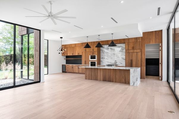 Interior, Kitchen, Pendant Lights, Recessed Lighting, Stainless Steel Appliances, Wood Texture Flooring