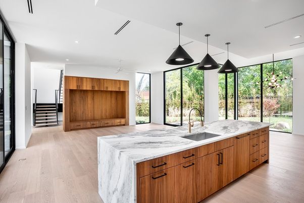 Interior, Kitchen, Pendant Lights, Recessed Lighting, Wood Texture Flooring