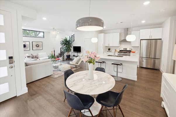 Dining room, Interior, Kitchen, Living room, Pendant Lights, Recessed Lighting, Stainless Steel Appliances, Wood Texture Flooring