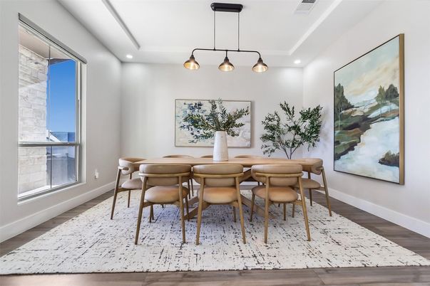 Dining room, Interior, Pendant Lights, Recessed Lighting, Wood Texture Flooring