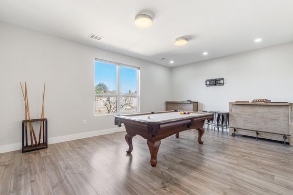 Billiard Table, Game Room, Interior, Recessed Lighting, Wood Texture Flooring