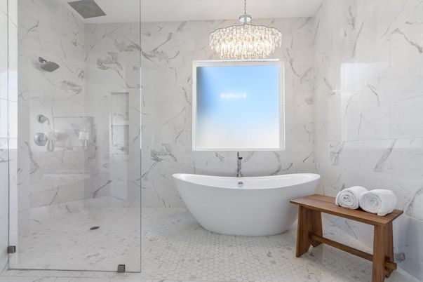 Bathroom, Chandelier, Free Standing Baths, Glass Shower, Interior, Marble, Marble Walls