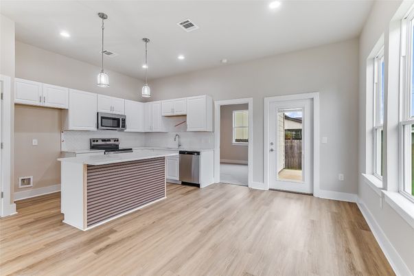 Interior, Kitchen, Pendant Lights, Recessed Lighting, Stainless Steel Appliances, Wood Texture Flooring