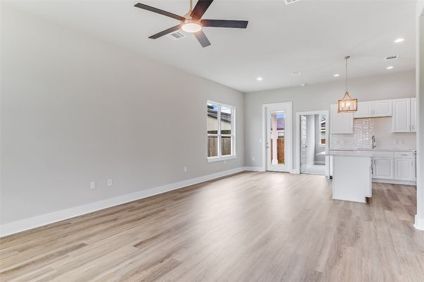 Empty room, Interior, Kitchen, Pendant Lights, Recessed Lighting, Wood Texture Flooring