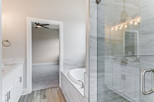Bathroom, Glass Shower, Interior, Wood Texture Flooring