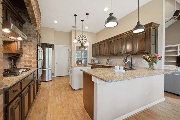 Interior, Kitchen, Pendant Lights, Recessed Lighting, Stainless Steel Appliances, Wood Texture Flooring