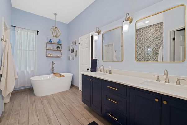 Bathroom, Dual Sink Vanities, Free Standing Baths, Interior, Pendant Lights, Wood Texture Flooring